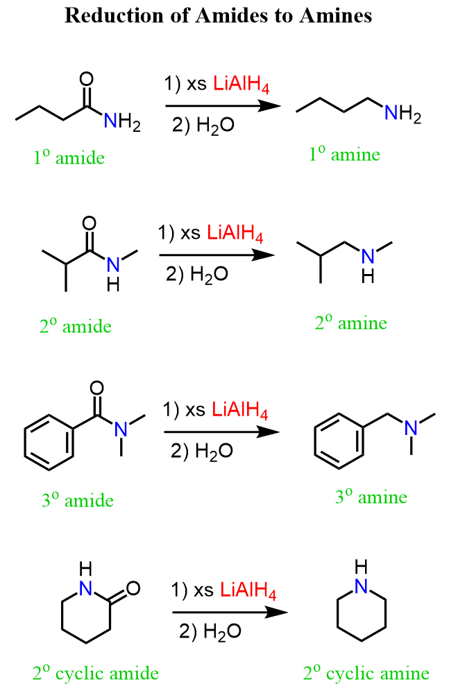 Reduction of amides to amines LiAlH4 primary secondary tertiary
